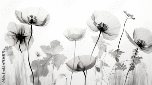 A black and white illustration of some flowers