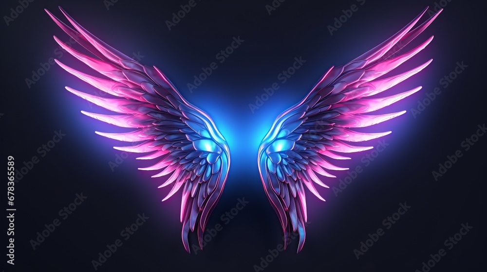 A pair of pink and blue wings against a black background - obrazy, fototapety, plakaty 