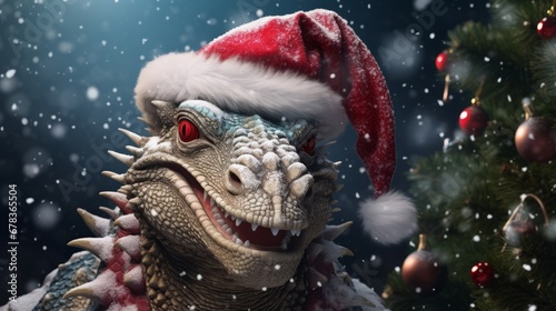 A dragon wearing a santa hat in front of a christmas tree