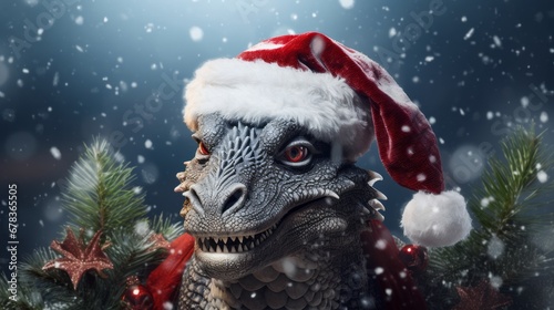 A dragon wearing a santa hat in front of a christmas tree © NK