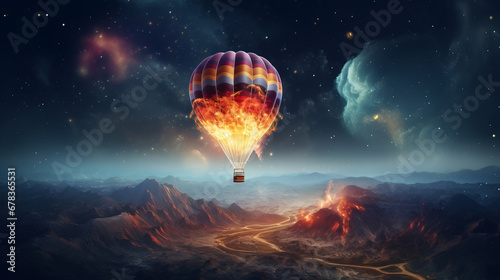 A hot air balloon flying over a mountain range