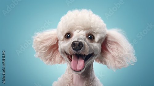 A close up of a smiling poodle with a blue background