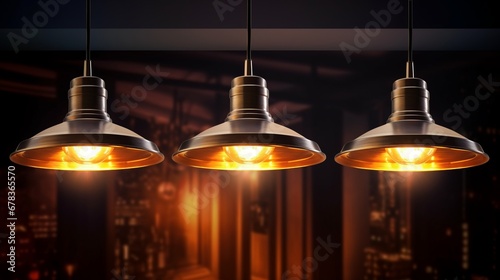 Three lights hanging from a ceiling in a room