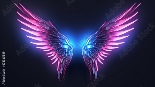 A pair of pink and blue wings against a black background