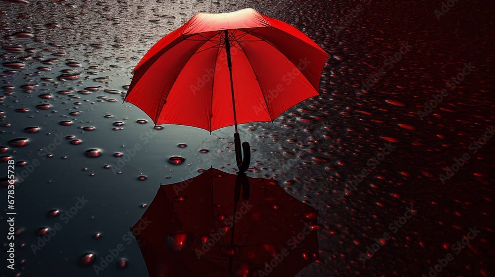 A red umbrella sitting on top of a puddle of water