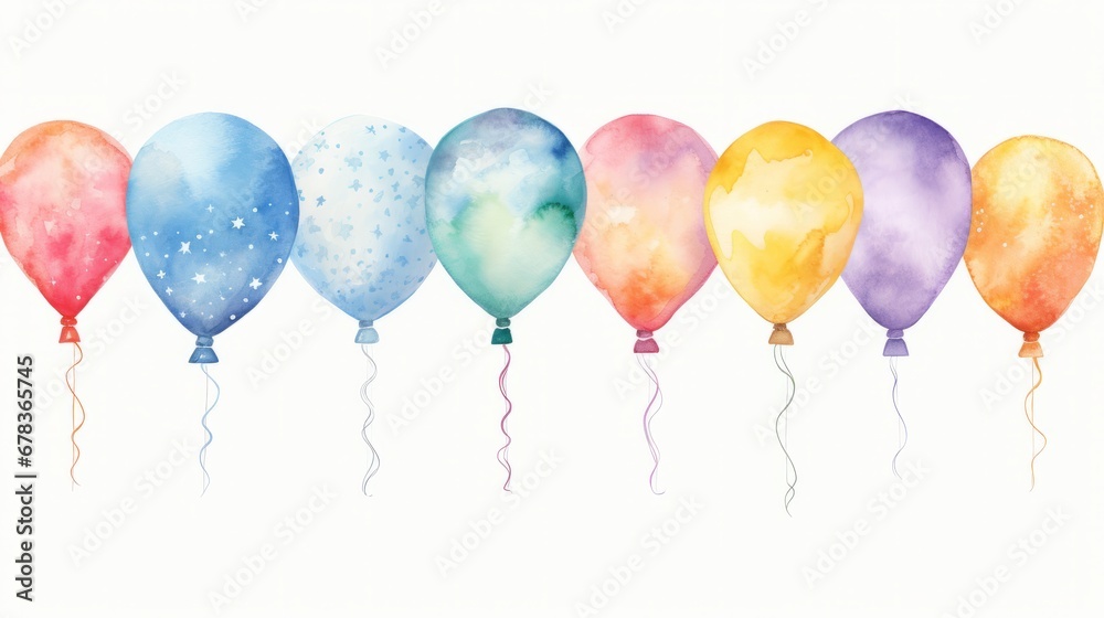 A row of colorful watercolor balloons floating in the air