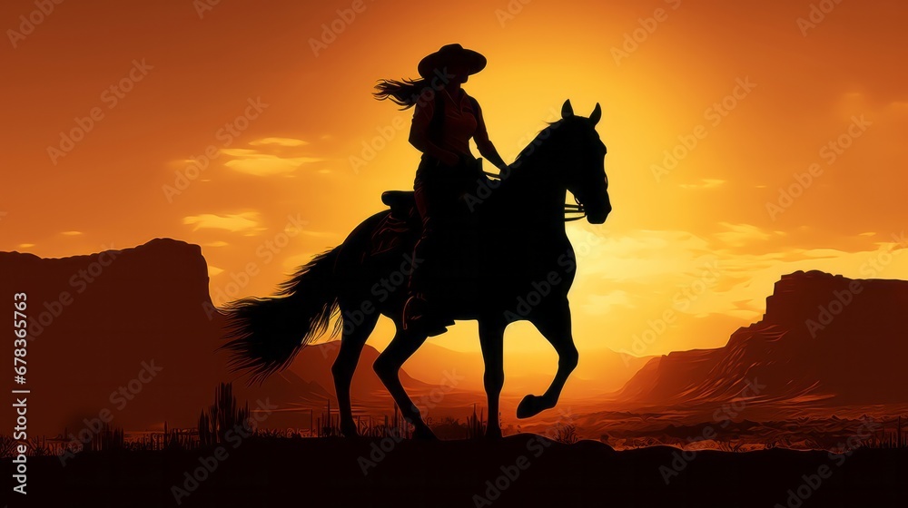 A silhouette of a woman riding a horse at sunset