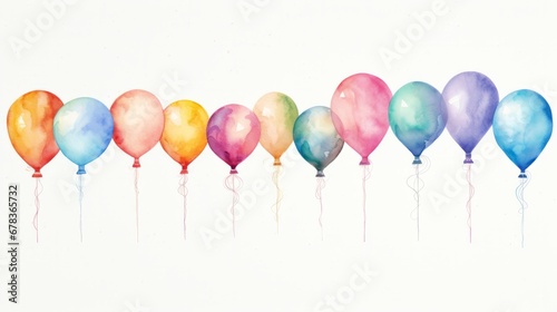 A row of colorful watercolor balloons floating in the air