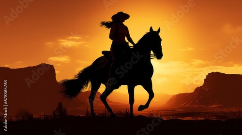 A silhouette of a woman riding a horse at sunset © NK