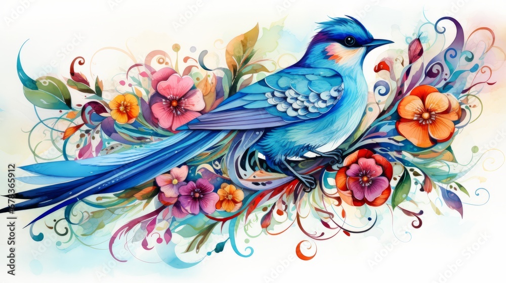 A painting of a blue bird sitting on a branch of flowers