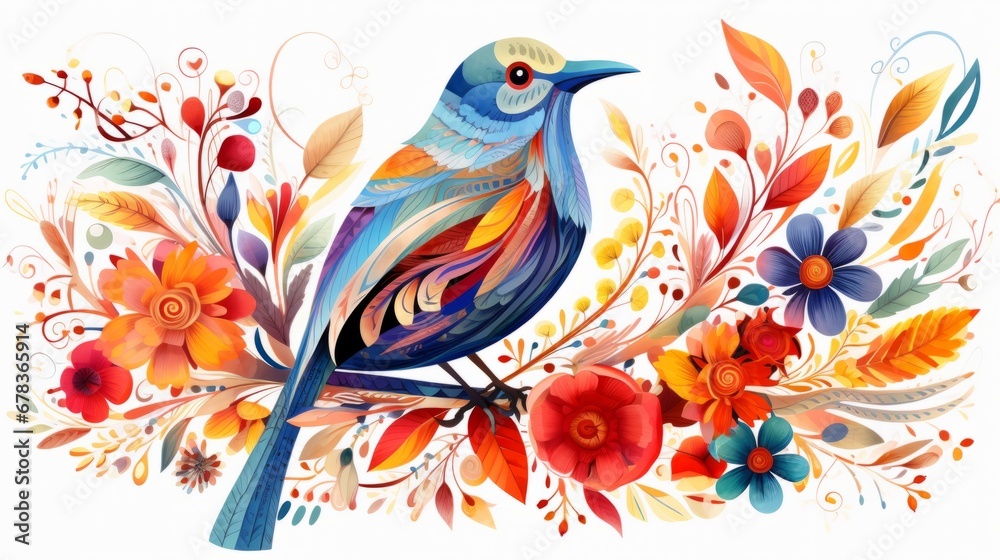 A painting of a blue bird sitting on top of flowers
