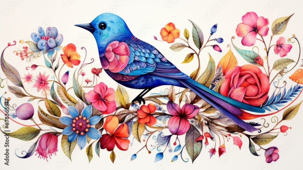 A painting of a blue bird sitting on a branch of flowers