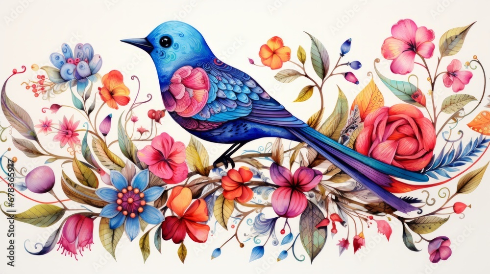 A painting of a blue bird sitting on a branch of flowers A painting of a blue bird sitting on a branch of flowers