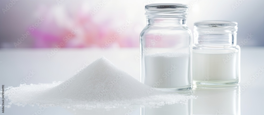 Focused bottle of xylitol sugar substitute powder in petri dish on white laboratory background Focused bottle of xylitol sugar substitute powder in petri dish on white laboratory background