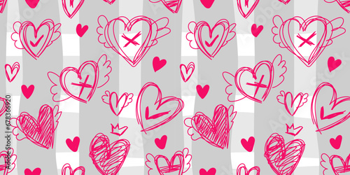 Brightly colored seamless heart pattern in linear style. Valentine's day banner background. Seamless background modern design free hand drawn pattern. Vector seamless wallpaper, punk design for fabric