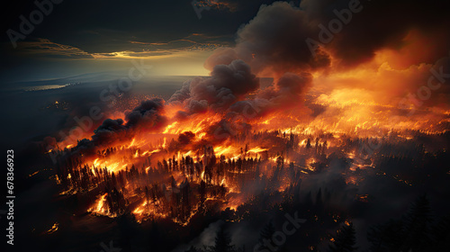 Aerial view of natural disaster of trees covered with wildfire and smoke in the forest photo