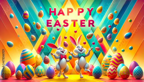 Vibrant Celebration of Easter with Dancing Bunnies and Festive Eggs
