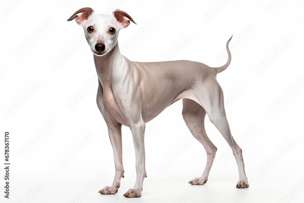 photo with white background of a small Italian greyhound dog