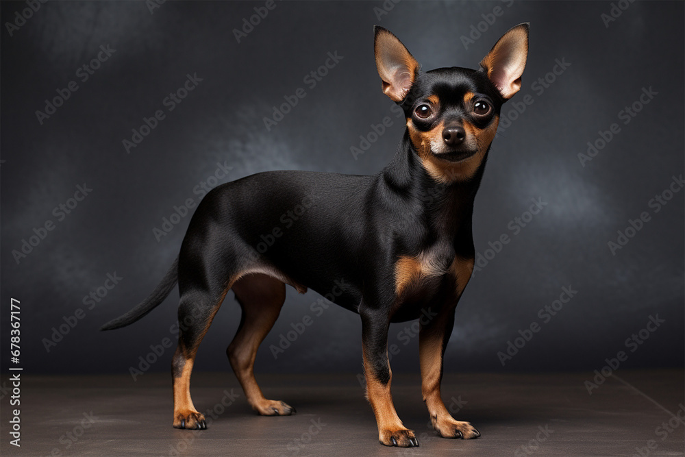 photo with white background of a Black and Tan Toy Terrier breed dog