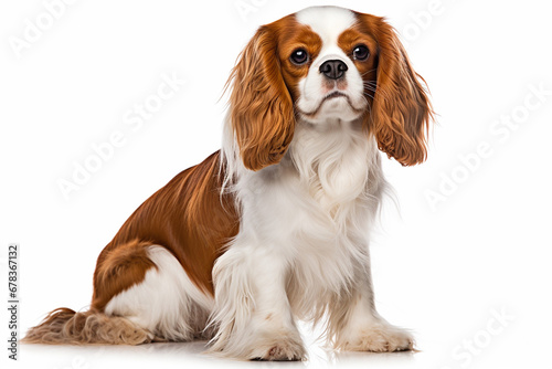 photo with white background of a king charles spaniel dog