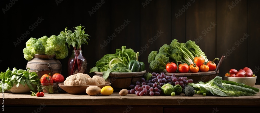 The vintage wood table provided a rustic background and added texture to the scene as the fresh and healthy food was arranged on top emphasizing the importance of a natural and organic diet 