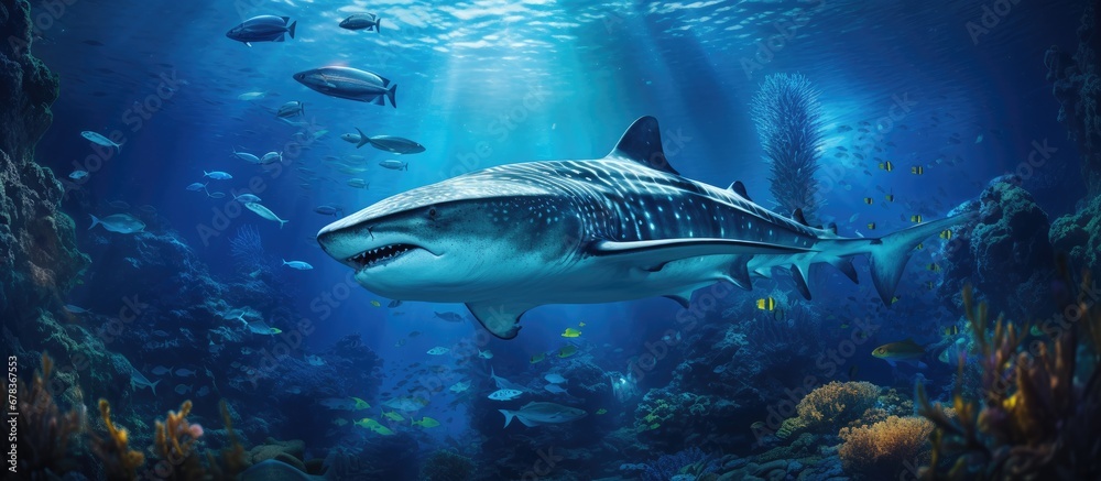 Fototapeta premium Underwater a mesmerizing blue ocean captivates with its serene beauty as aquatic creatures gracefully swim through the water their fins gliding through the depths adding life and vibrancy to