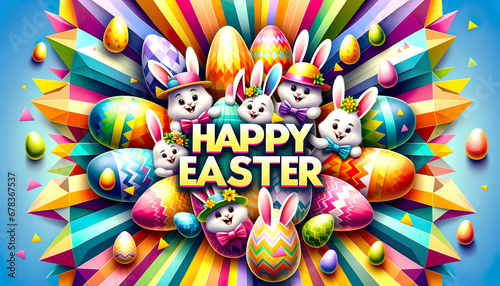 Vibrant Easter Celebration with Cartoon Bunnies and Colorful Egg Hunt Extravaganza