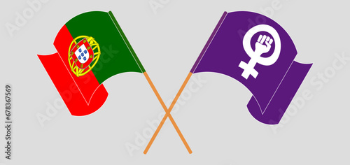 Crossed and waving flags of Portugal and Feminism