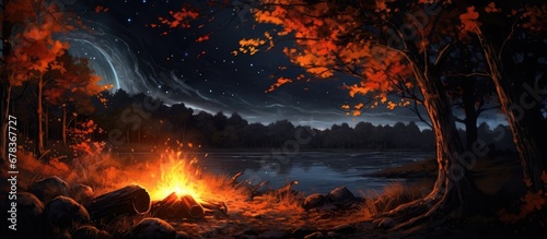 tranquil night the natural background embraced by the darkness is ignited by the vibrant flame of the wood fire emanating shades of orange red and yellow and filling the air with radiant en