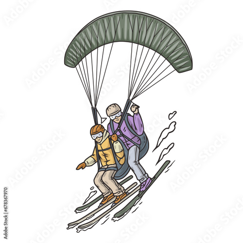 Pair paragliding with an instructor. Two persons flying paragliding. Seasonal extreme sports and outdoor activities, sports in the sky