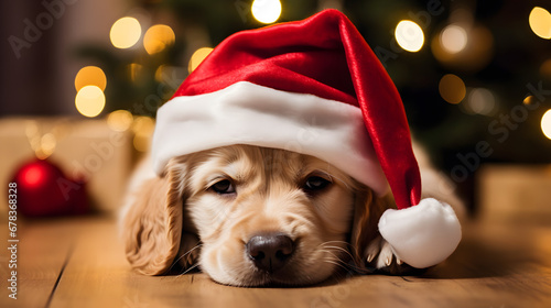 Furry Festivity: Cute Puppy Adorned with a Christmas Hat