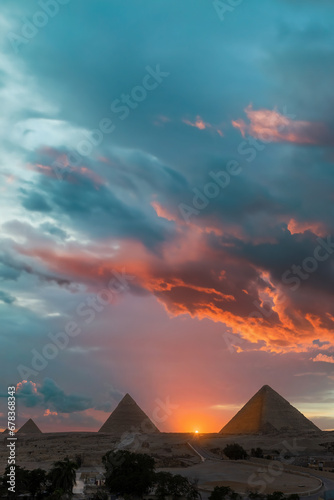 Sunset at the Pyramids, Giza, Egypt.
