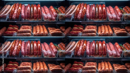 Savory Showcase: Delight in the close-up view of many beautiful sausages on a supermarket refrigerator shelf.