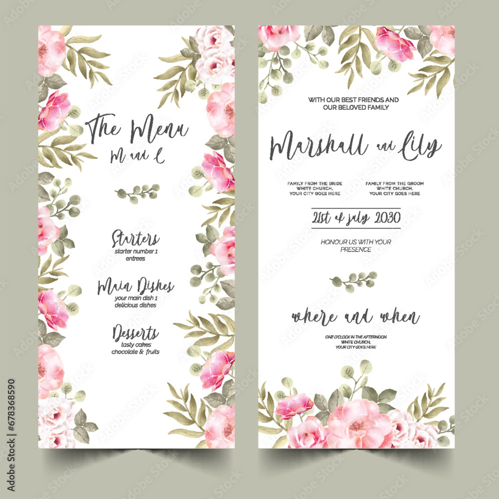 wedding invitation menu template with soft pink flowers design vector illustration