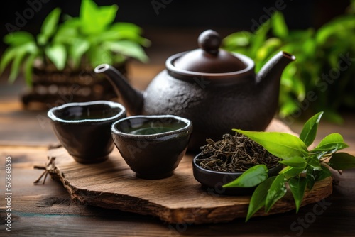 Bamboo mat with teapot and dried leaves on trees background. AI Generated