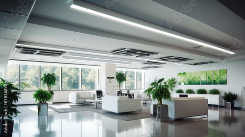 careful energy consumption with suspended fluorescent lights under a modern ceiling. An ideal banner for conveying the essence of eco-friendly living and innovative design