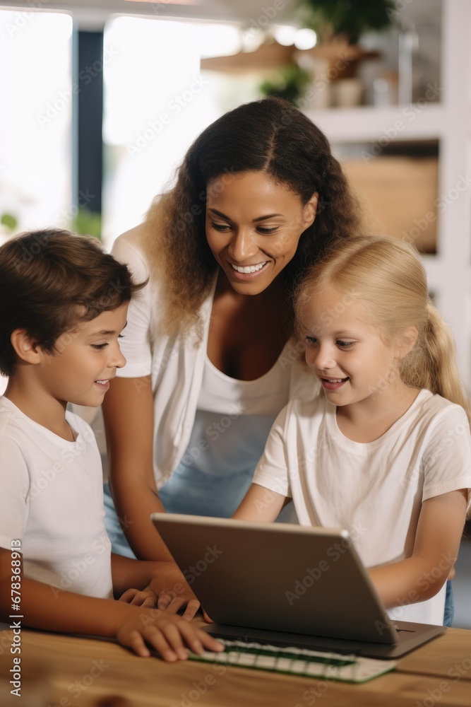 A Teacher Holding a Tablet Computer Explaining Lesson to a Young Children A Teacher Holding a Tablet Computer Explaining Lesson to a Young Children