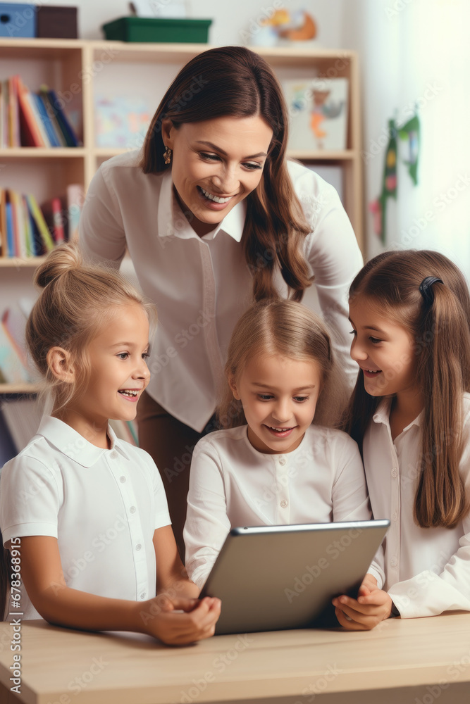 A Teacher Holding a Tablet Computer Explaining Lesson to a Young Children A Teacher Holding a Tablet Computer Explaining Lesson to a Young Children