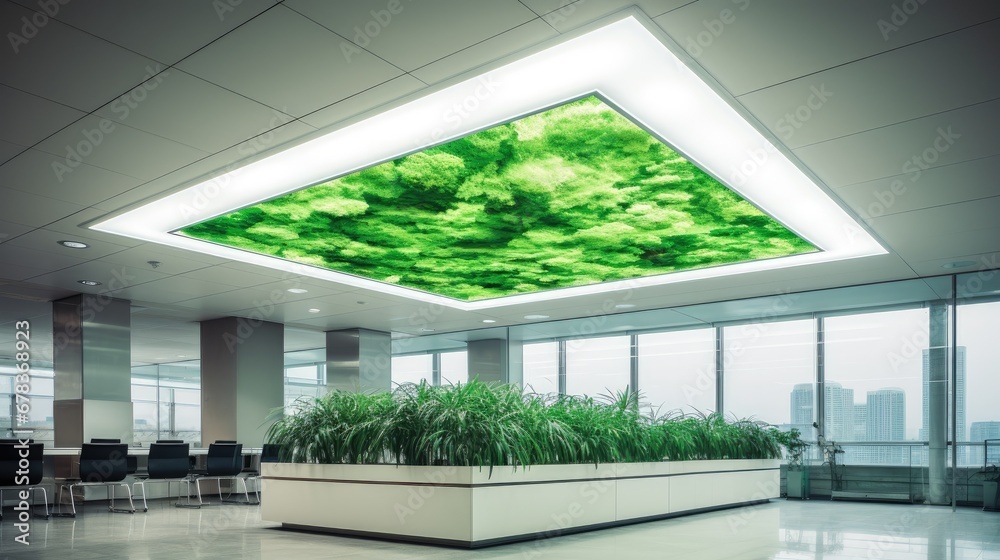 careful energy consumption with suspended fluorescent lights under a modern ceiling. An ideal banner for conveying the essence of eco-friendly living and innovative design careful energy consumption with suspended fluorescent lights under a modern ceiling. An ideal banner for conveying the essence of eco-friendly living and innovative design