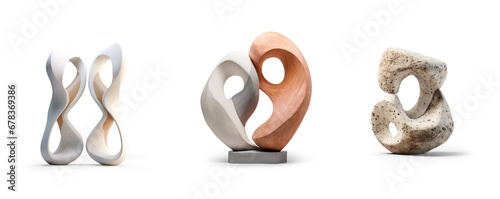 generic modern abstract decor sculpture in deferent chrome cement stone rose gold and glossy materials for home or public park area or decoration concepts isolated on transparent png background