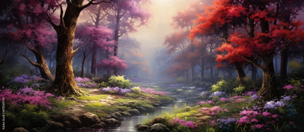 enchanting landscape of a lush forest the vibrant hues of spring adorn the trees grass and blooming flowers with golden sunlight filtering through the clouds painting a breathtaking backgrou