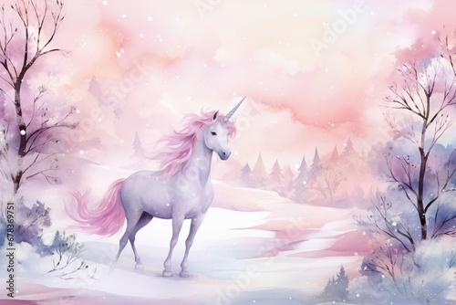 Magical winter forest with Unicorn, snow covered trees, watercolor illustration