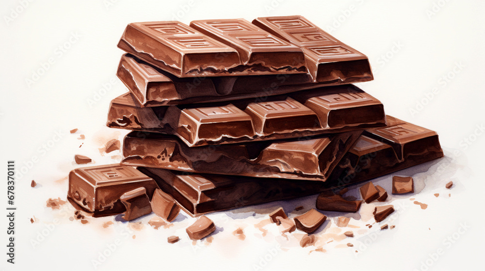 A stack of chocolates on a white background. Watercolor illustration of a mound of appetizing chocolate. Dark milk chocolate bars stack isolated on a white.