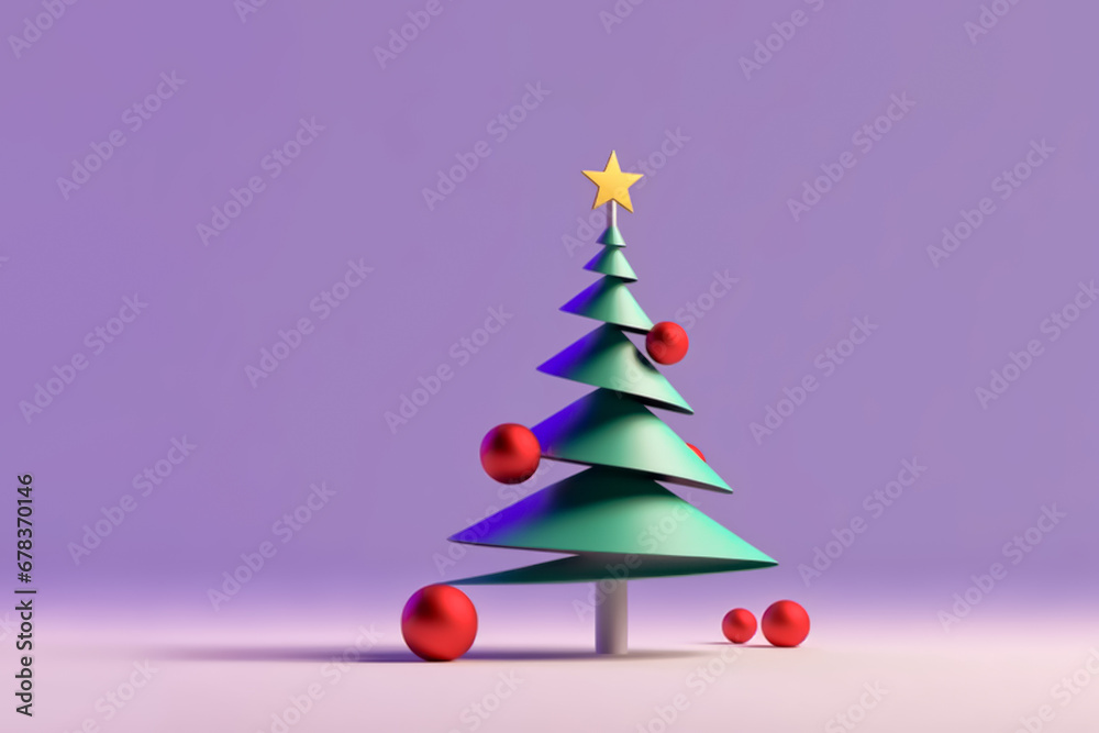 New Year and Christmas concept. An abstract geometric Christmas tree with a bright yellow star on top and red ball decorations. Small red balls. Christmas decorative toy. Light purple background. New Year and Christmas concept. An abstract geometric Christmas tree with a bright yellow star on top and red ball decorations. Small red balls. Christmas decorative toy. Light purple background.