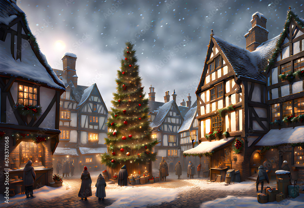 painting of a medieval town square at christmas with ancient houses covered in snow and a large decorated christmas tree and people in the street painting of a medieval town square at christmas with ancient houses covered in snow and a large decorated christmas tree and people in the street