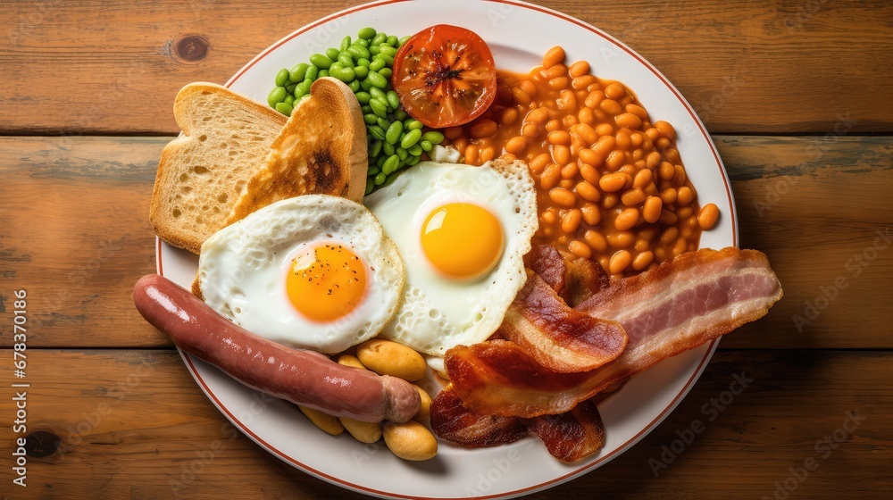 A plate with sausage, beans and eggs, english breakfast A plate with sausage, beans and eggs, english breakfast