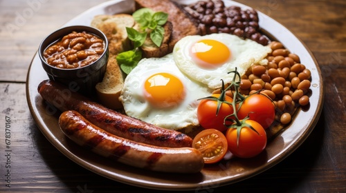 A plate with sausage, beans and eggs, english breakfast