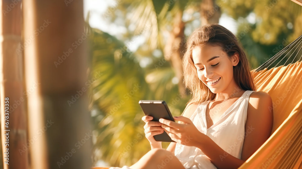 Beautiful young woman using mobile phone in hammock on summer vacation Beautiful young woman using mobile phone in hammock on summer vacation