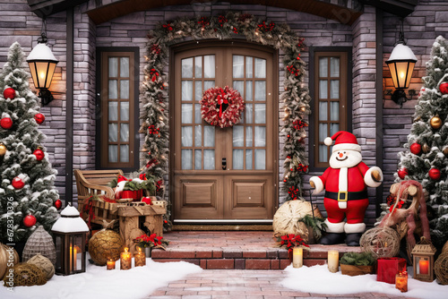 Cute and cozy house with Christmas decorations, Santa on the porch, Christmas wreath on the door
