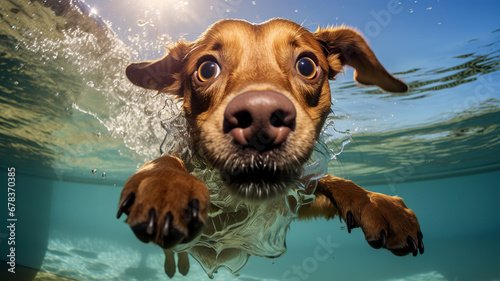 Funny dog swims underwater with a big wave on the background. A scene of fun sea adventures. Water training. Funny moments.